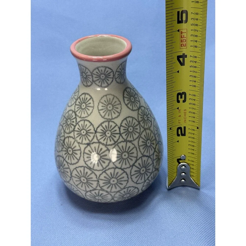 Bloomingville Mini Ceramic Vase 5” x 3”. Off White Bud vase W/Blue Flowers